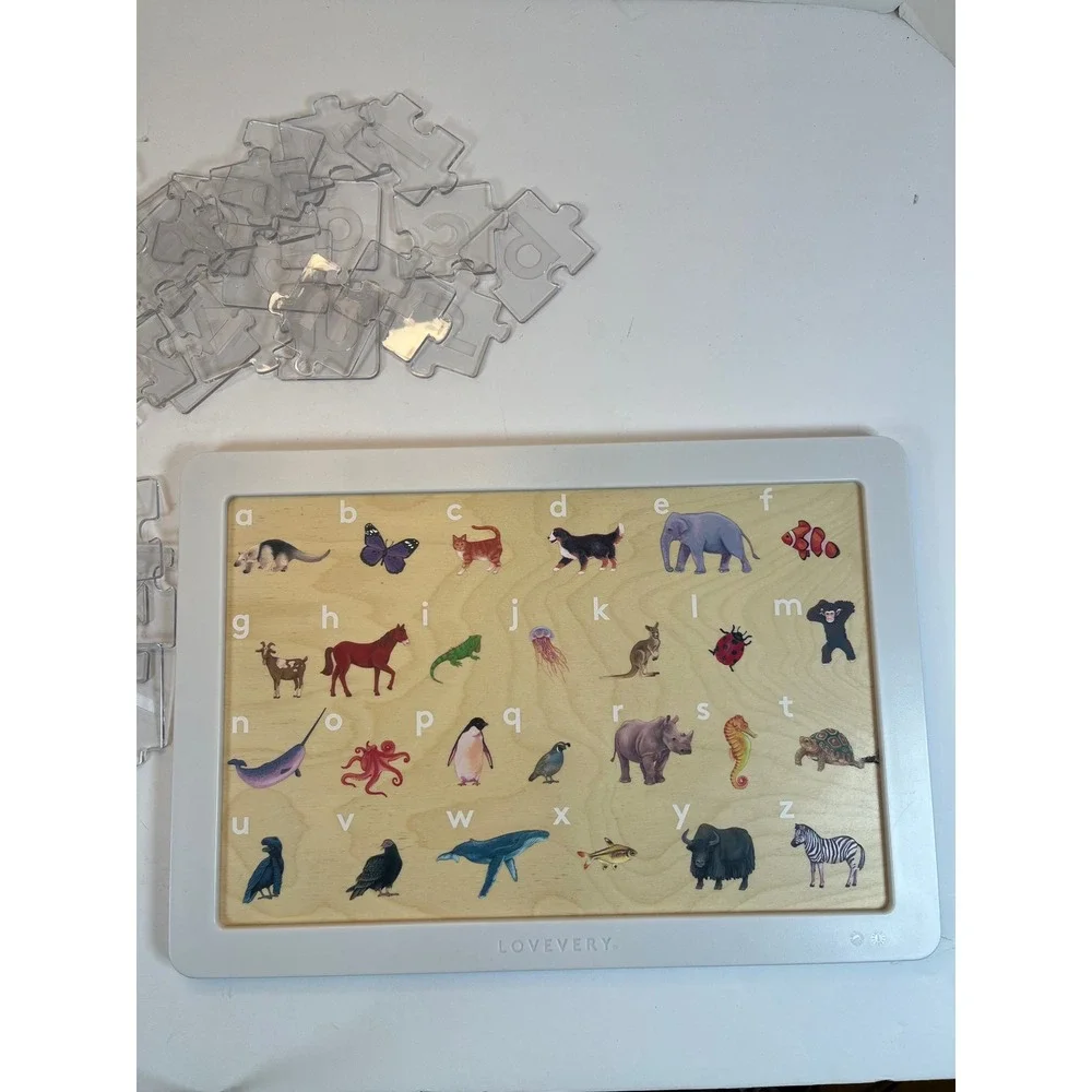 Lovevery Wooden Alphabet Puzzle Clear Acrylic Pieces and Animal Illustrations